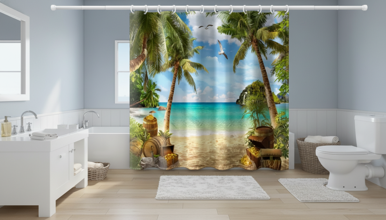 Coastal Palm Shower Curtain Set: Rugs + 12 Hooks